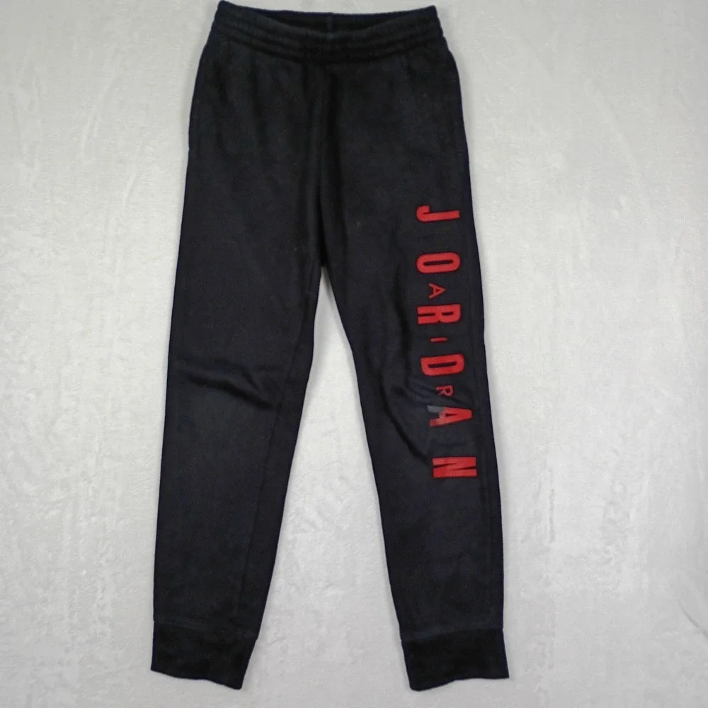 Jordan Boys Black Fleece Jogger Sweatpants Red Logo Graphic Size M 10-12YRS